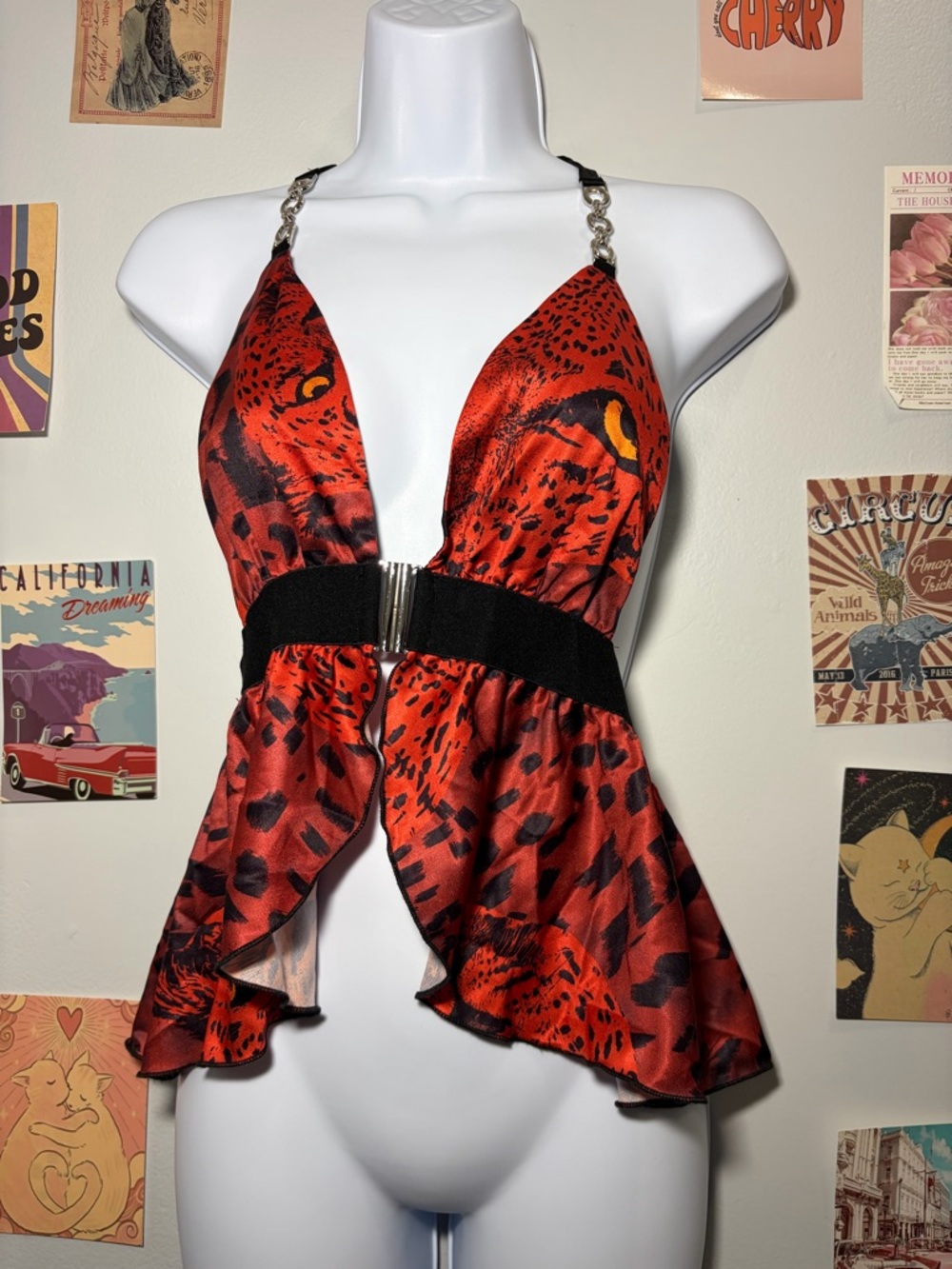 AKIRA Pink and Black Satin Halter Top with Leopard Accent